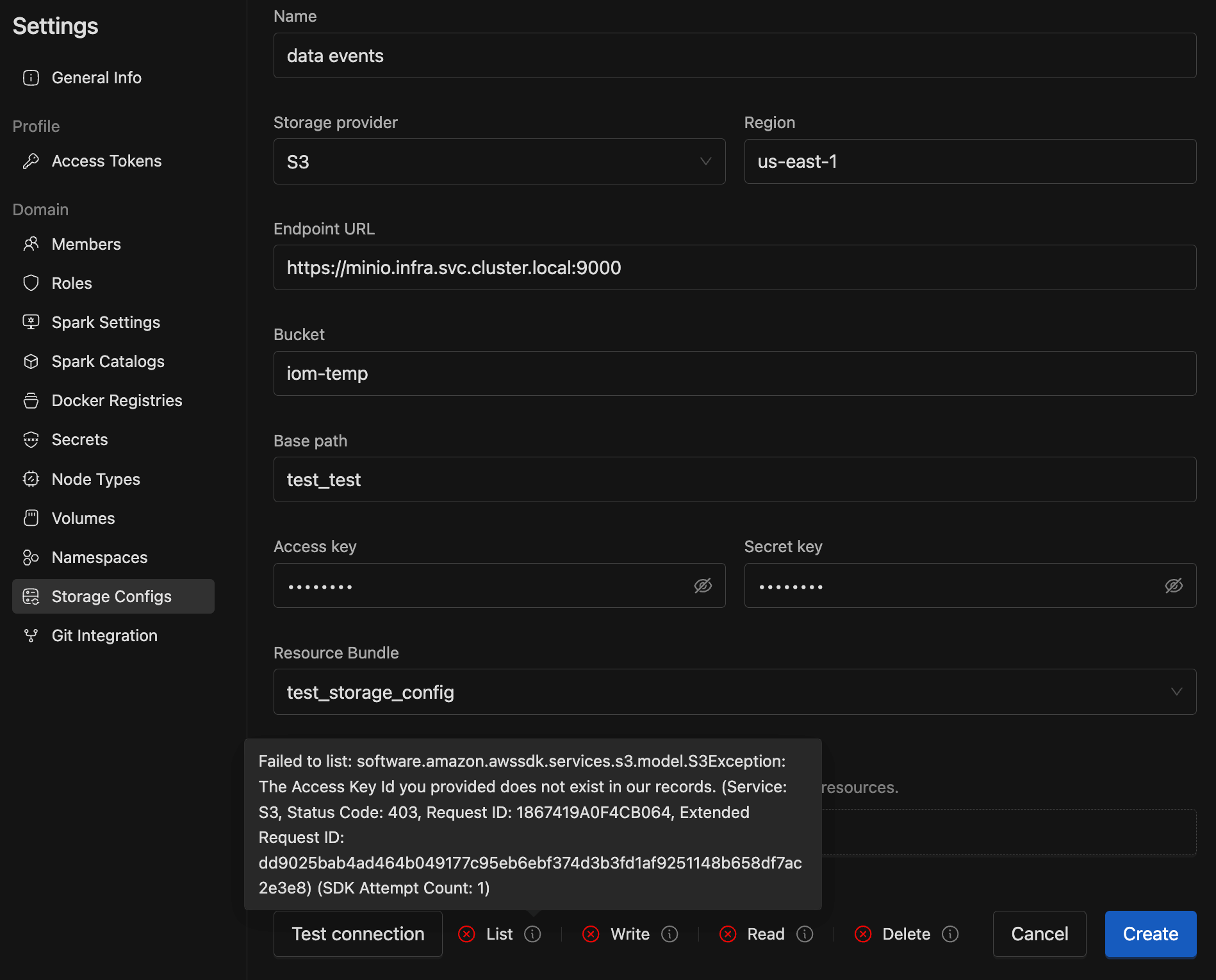 Storage Config Test Failure | IOMETE