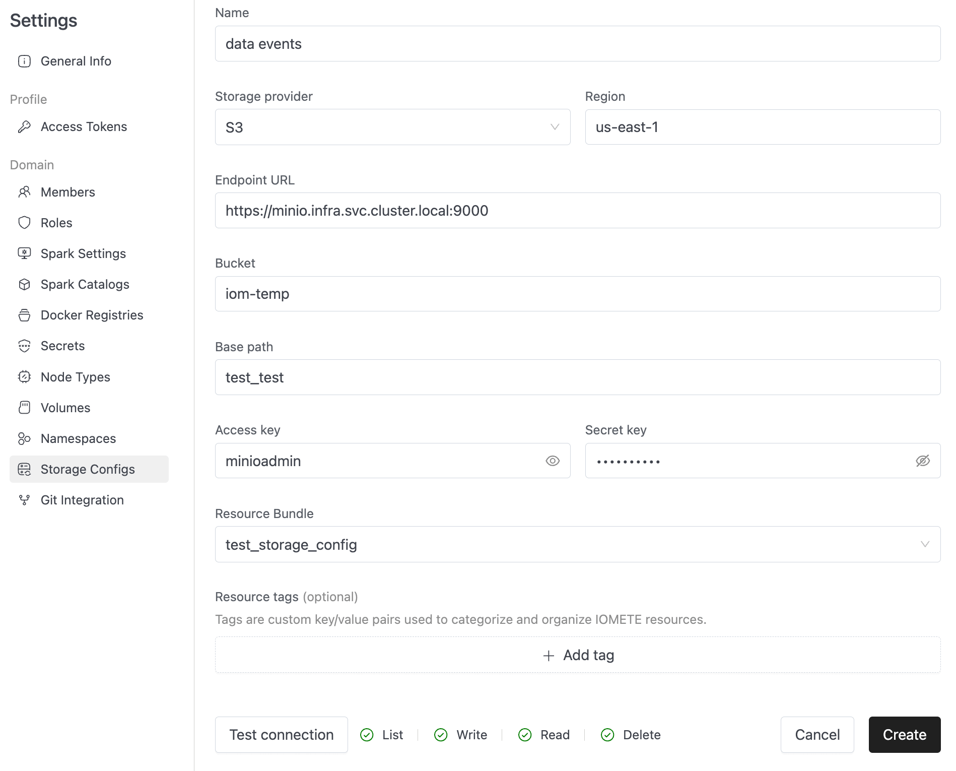 Storage Config Test Success | IOMETE