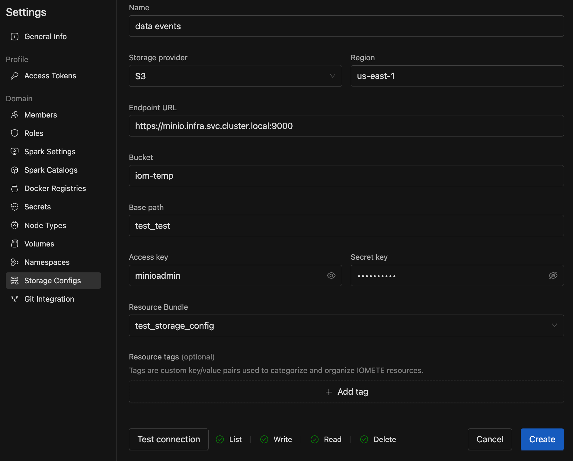 Storage Config Test Success | IOMETE