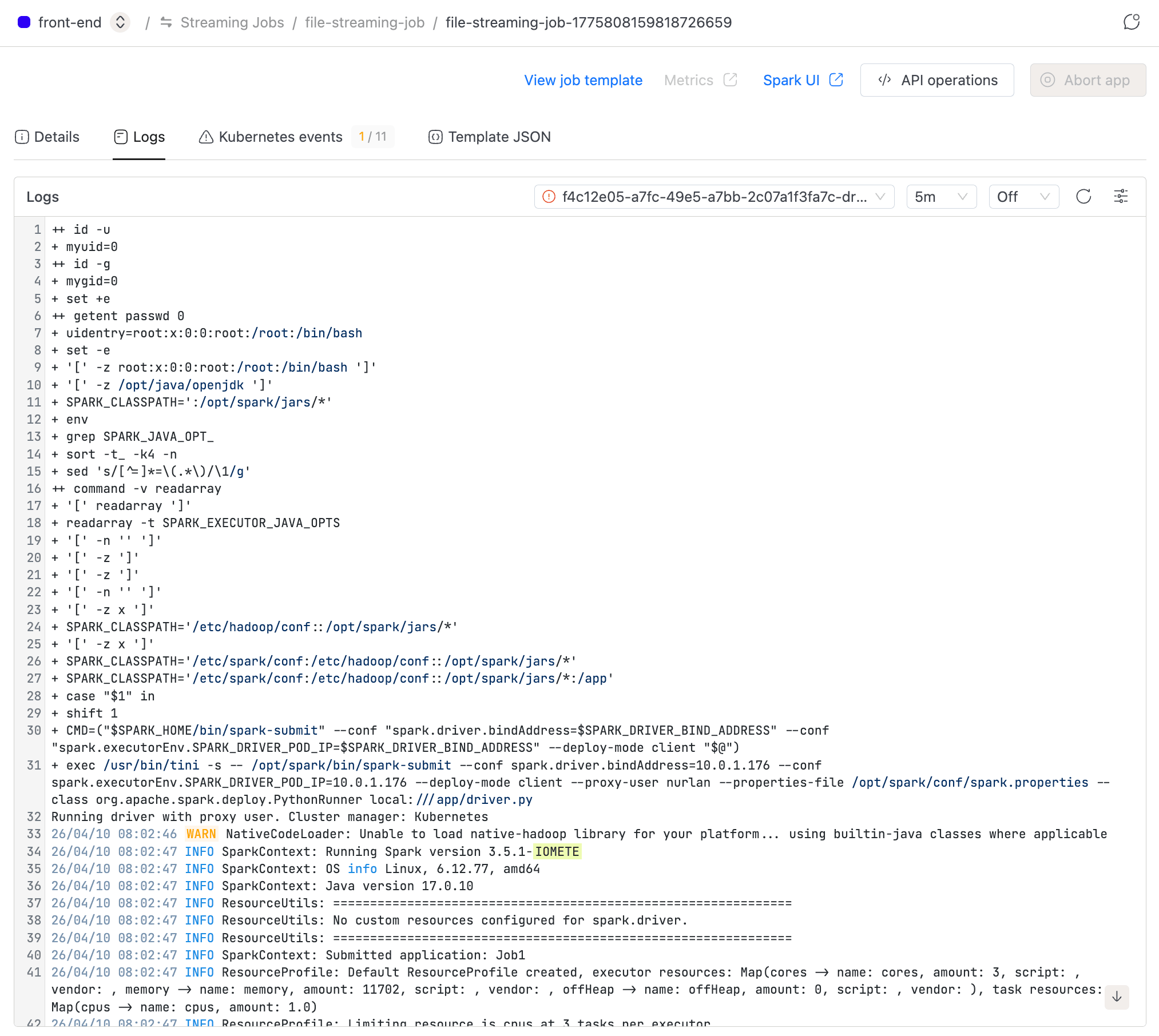 Application logs tab showing Kubernetes log viewer with instance selector and log range options | IOMETE