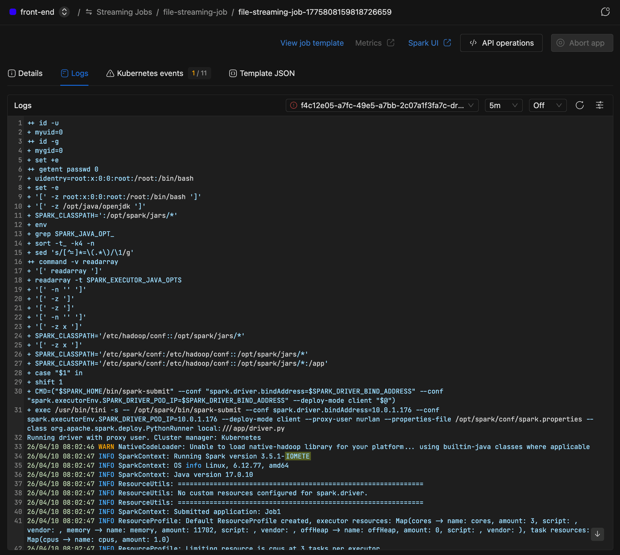 Application logs tab showing Kubernetes log viewer with instance selector and log range options | IOMETE
