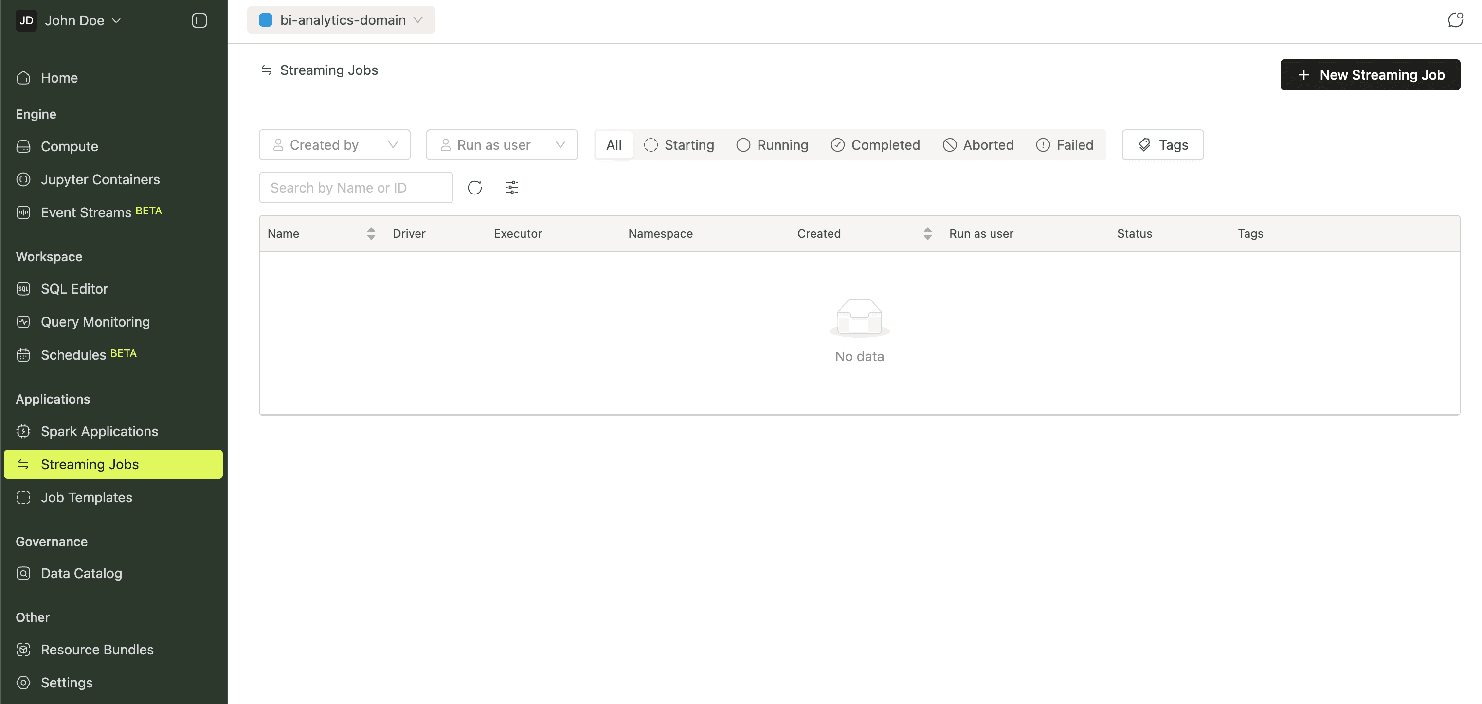 Streaming Jobs page | IOMETE