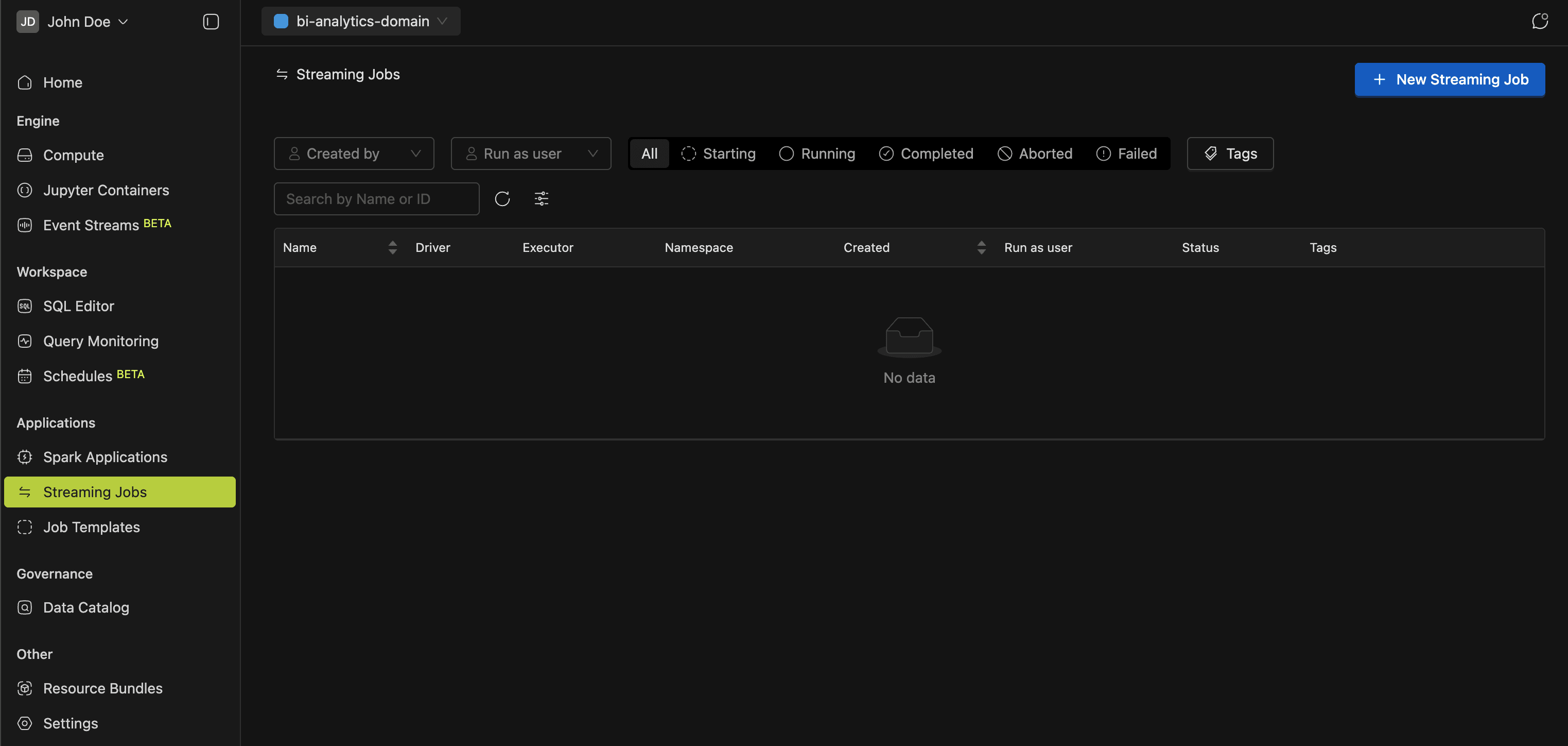 Streaming Jobs page | IOMETE