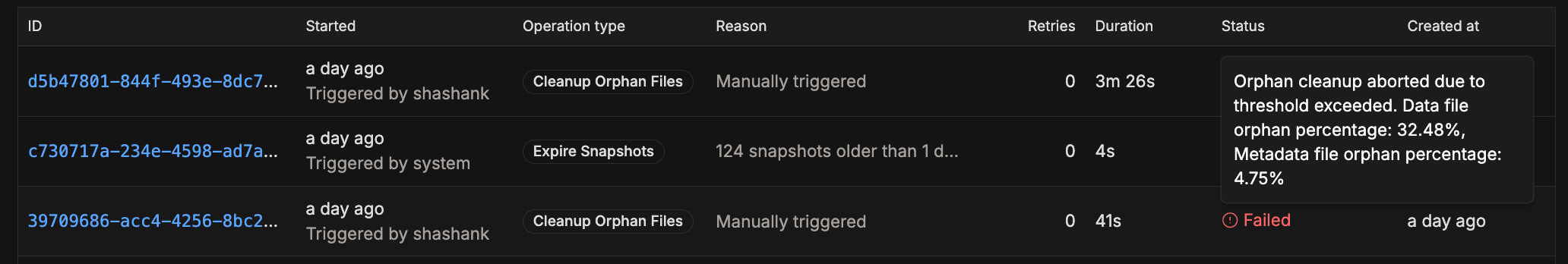 Maintenance history with the error message tooltip visible on hover over the Failed status badge | IOMETE
