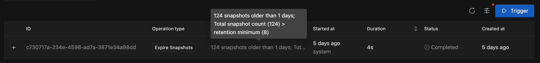 Maintenance History row with the Reason column showing the threshold condition that triggered the run | IOMETE