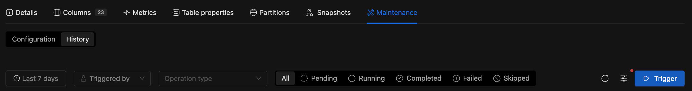 Maintenance History tab with the Trigger button highlighted in the table header | IOMETE
