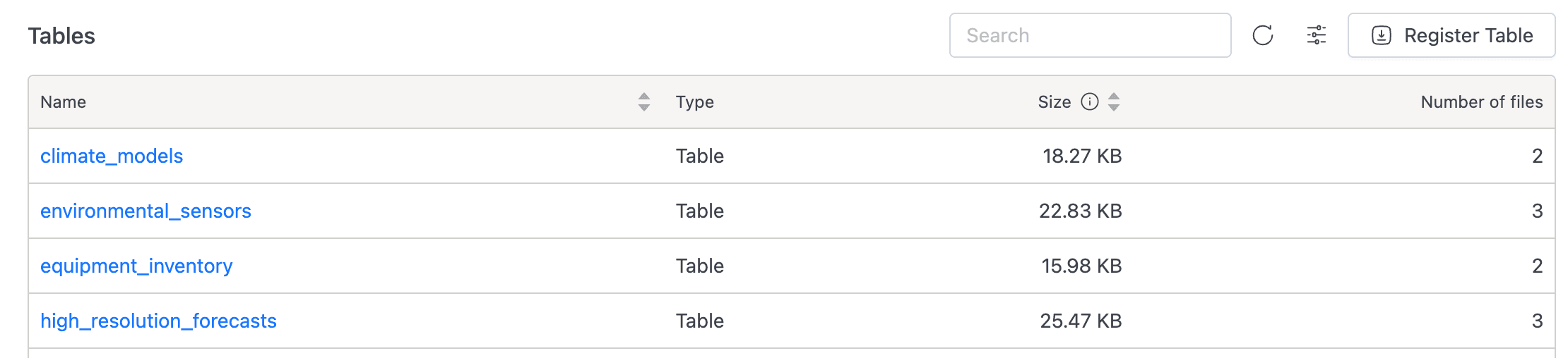 Table list showing Name, Type, Size, and Number of files columns with Register Table button | IOMETE
