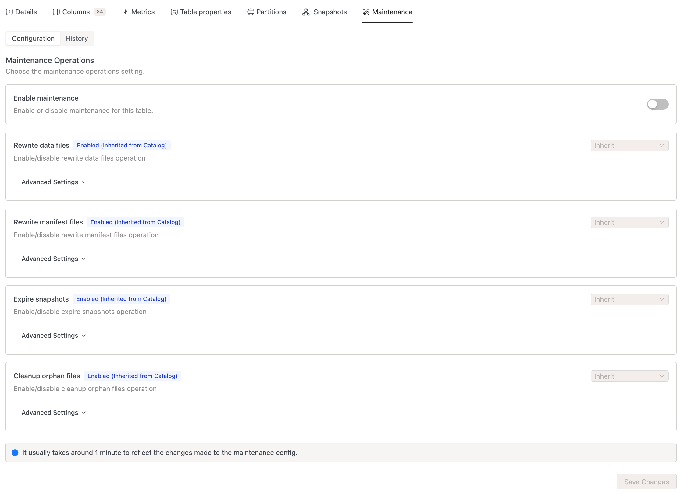 Table Maintenance Configuration tab showing the Enable maintenance toggle and four operation cards in default state | IOMETE