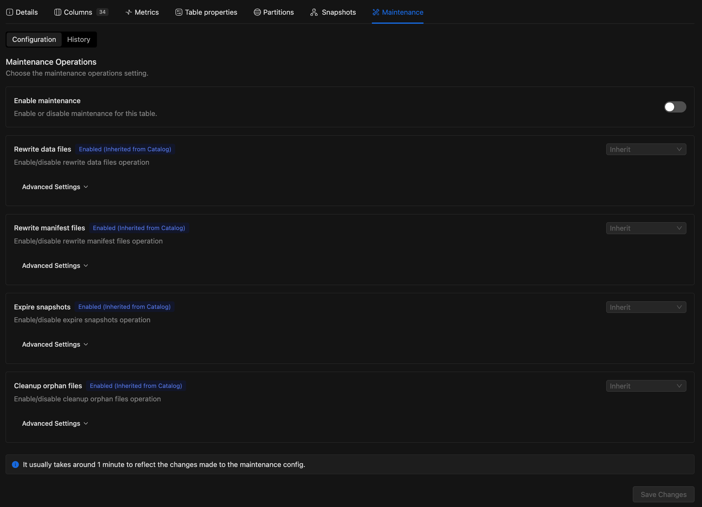 Table Maintenance Configuration tab showing the Enable maintenance toggle and four operation cards in default state | IOMETE