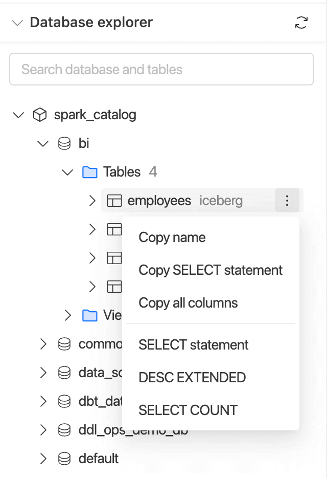 SQL Editor - Table menu | IOMETE