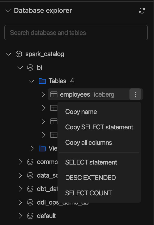 SQL Editor - Table menu | IOMETE