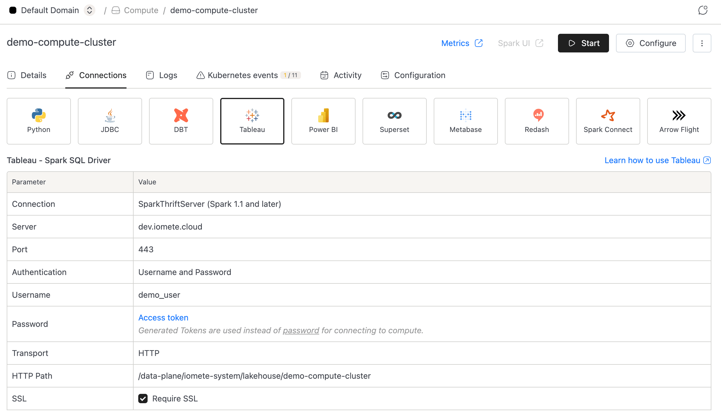 Spark SQL driver connection parameters in IOMETE console | IOMETE