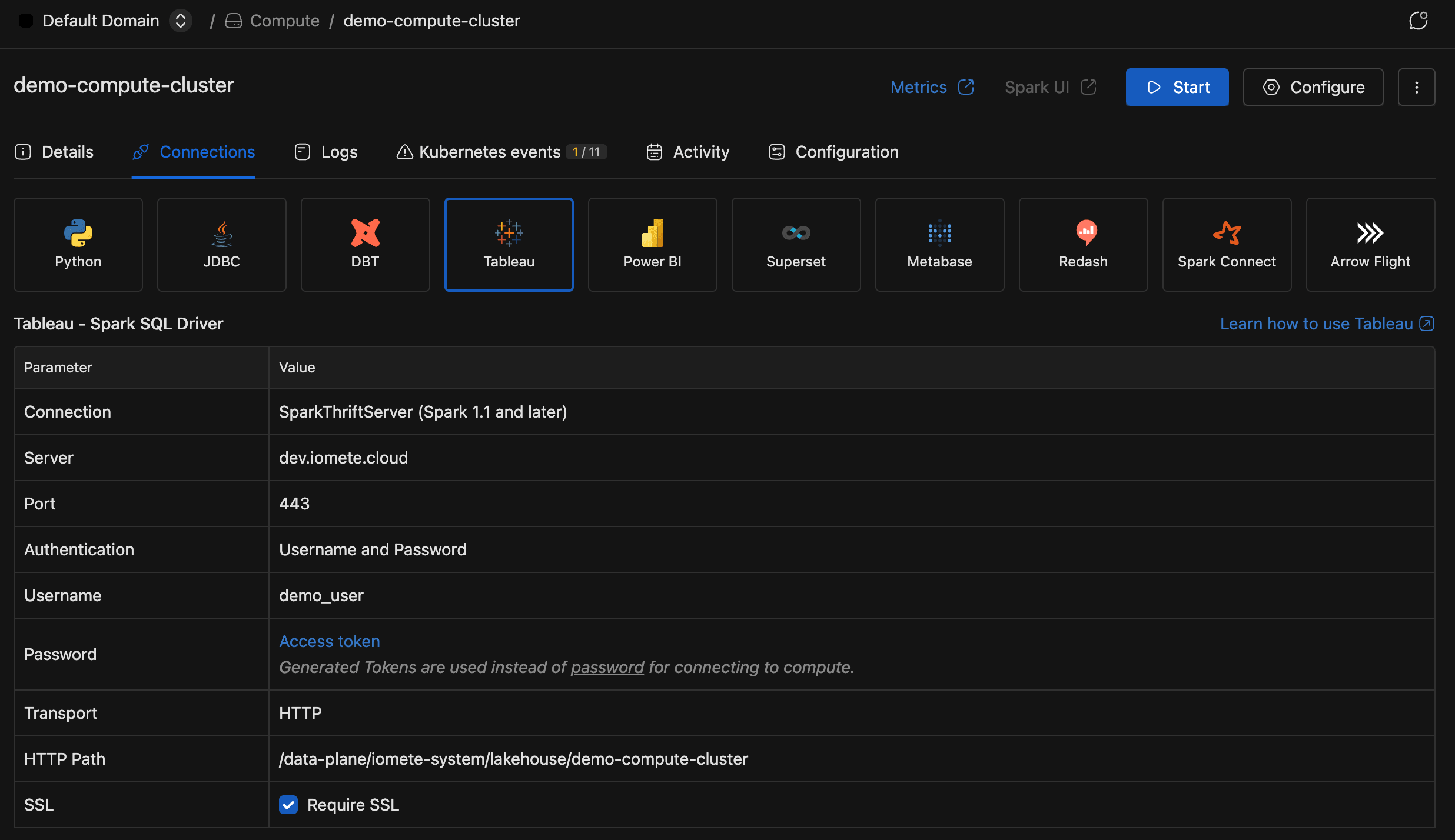 Spark SQL driver connection parameters in IOMETE console | IOMETE