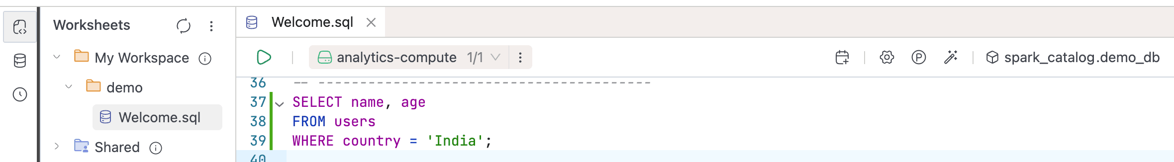 Worksheet toolbar showing compute selector, catalog and database dropdowns | IOMETE
