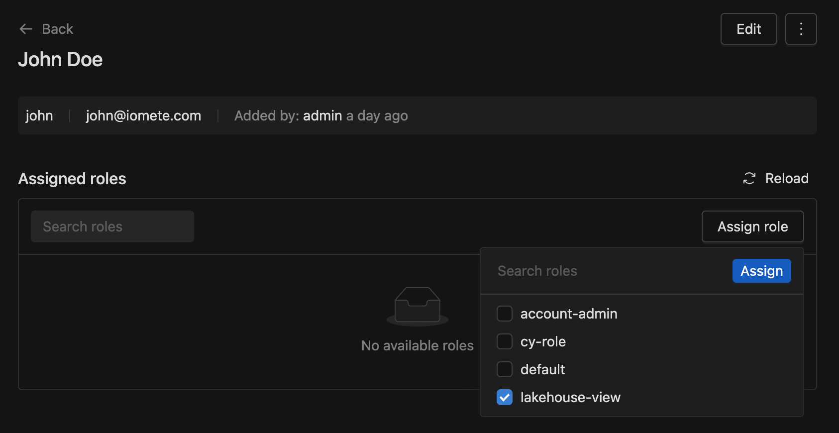 Assign Role to user view | IOMETE