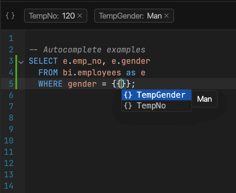 SQL Editor - Variable autocomplete | IOMETE