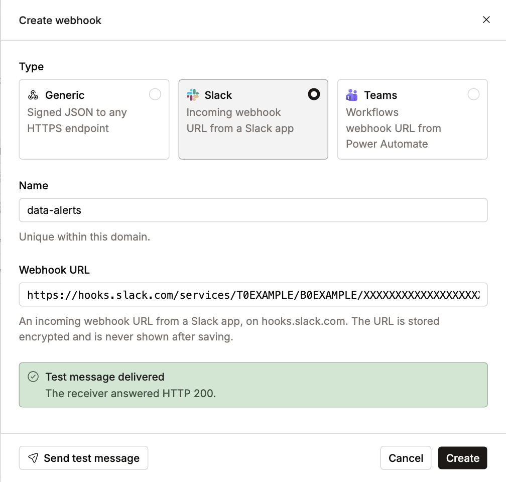 Create webhook drawer with Slack selected, a name and URL filled in, and a Test message delivered confirmation | IOMETE