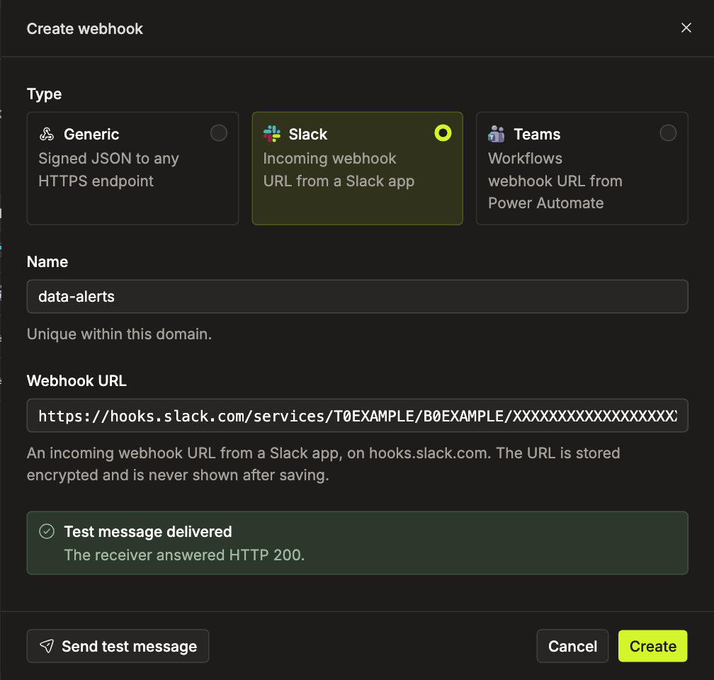 Create webhook drawer with Slack selected, a name and URL filled in, and a Test message delivered confirmation | IOMETE