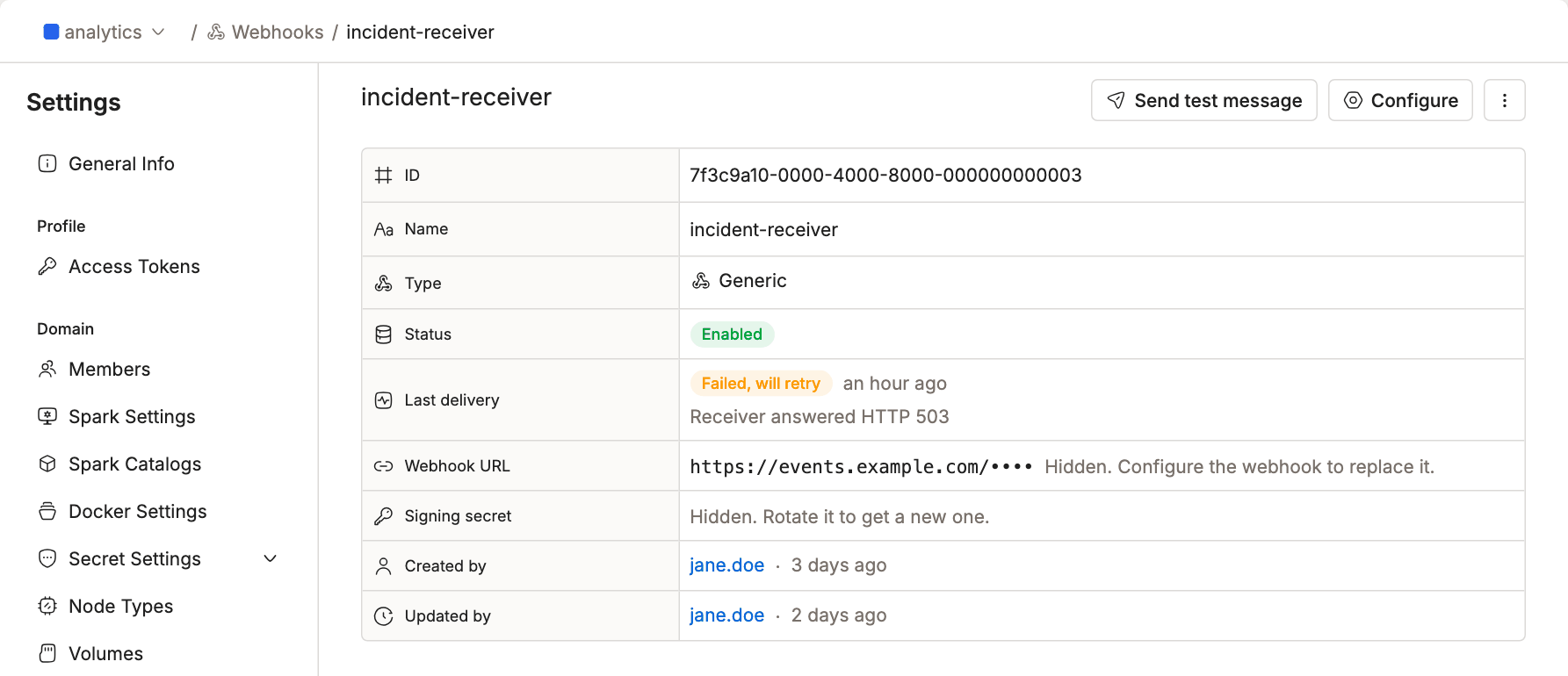 Webhook detail page showing Last delivery as Failed, will retry with the error Receiver answered HTTP 503 | IOMETE