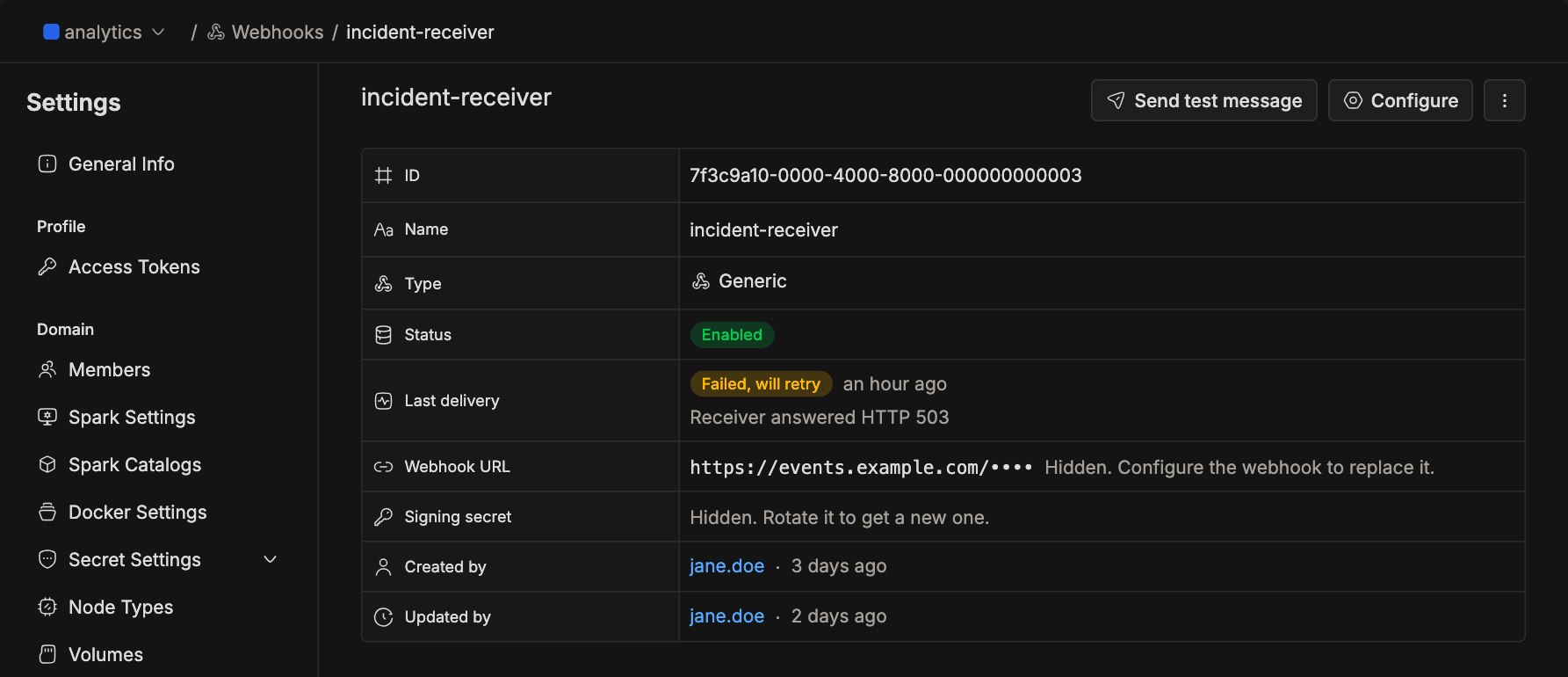 Webhook detail page showing Last delivery as Failed, will retry with the error Receiver answered HTTP 503 | IOMETE