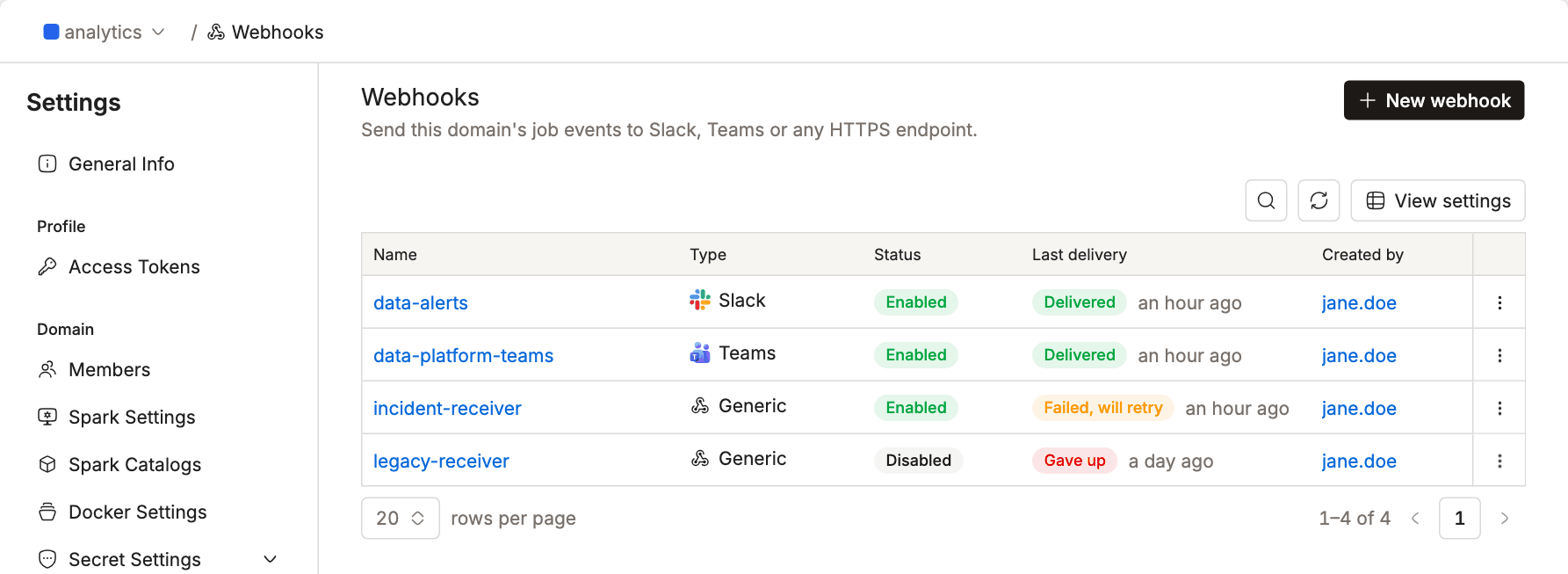Webhooks page in domain settings listing Slack, Teams and Generic webhooks with their status and last delivery | IOMETE