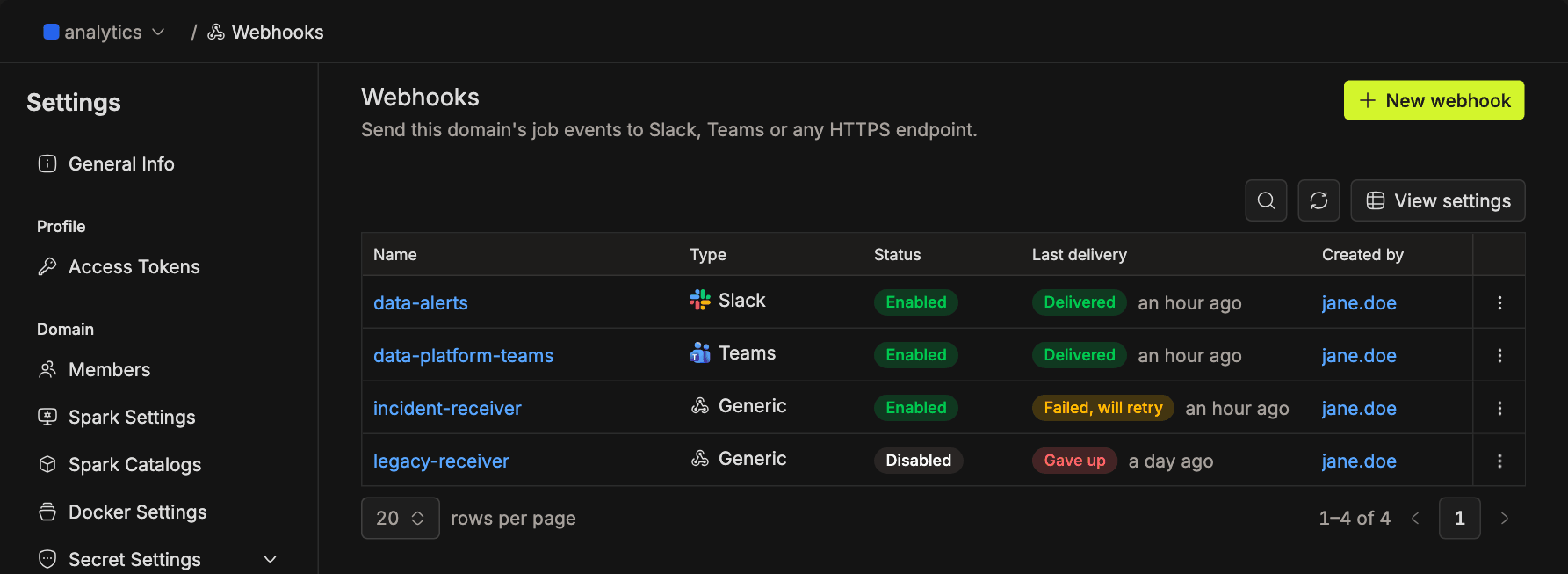 Webhooks page in domain settings listing Slack, Teams and Generic webhooks with their status and last delivery | IOMETE