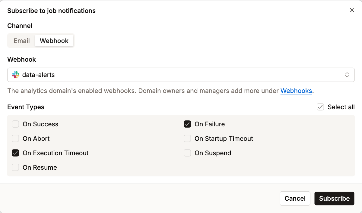 Subscribe to job notifications dialog with the Webhook channel, the data-alerts webhook and two event types selected | IOMETE
