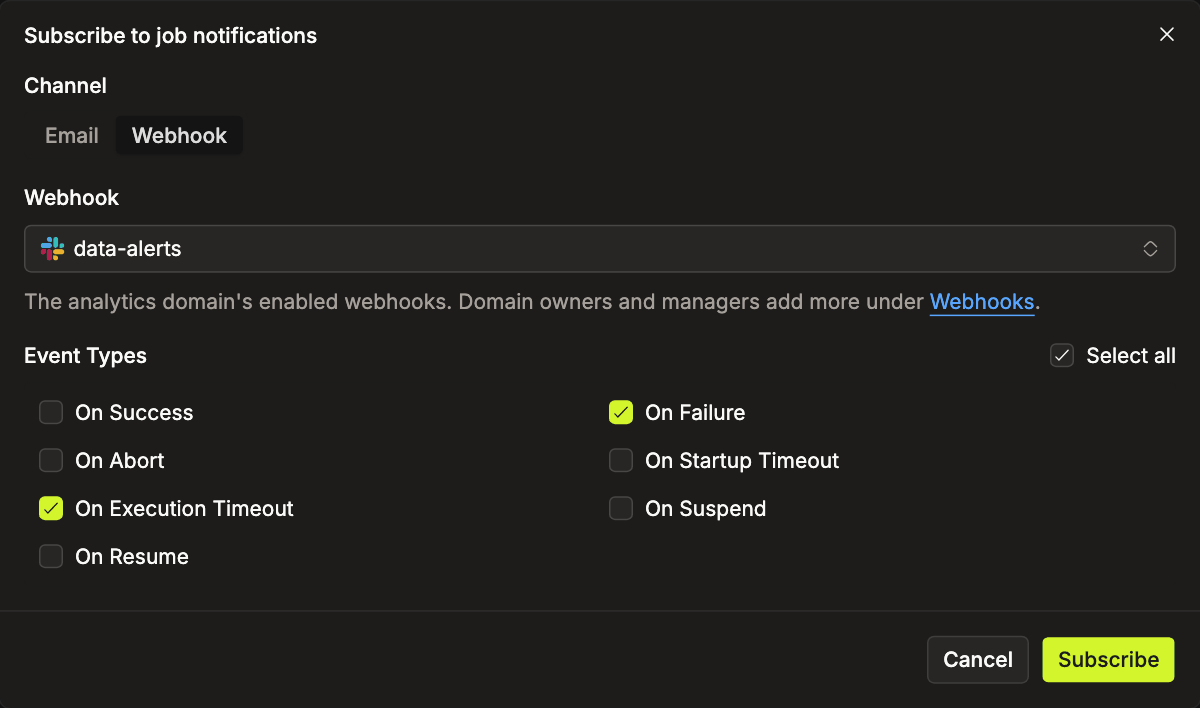 Subscribe to job notifications dialog with the Webhook channel, the data-alerts webhook and two event types selected | IOMETE