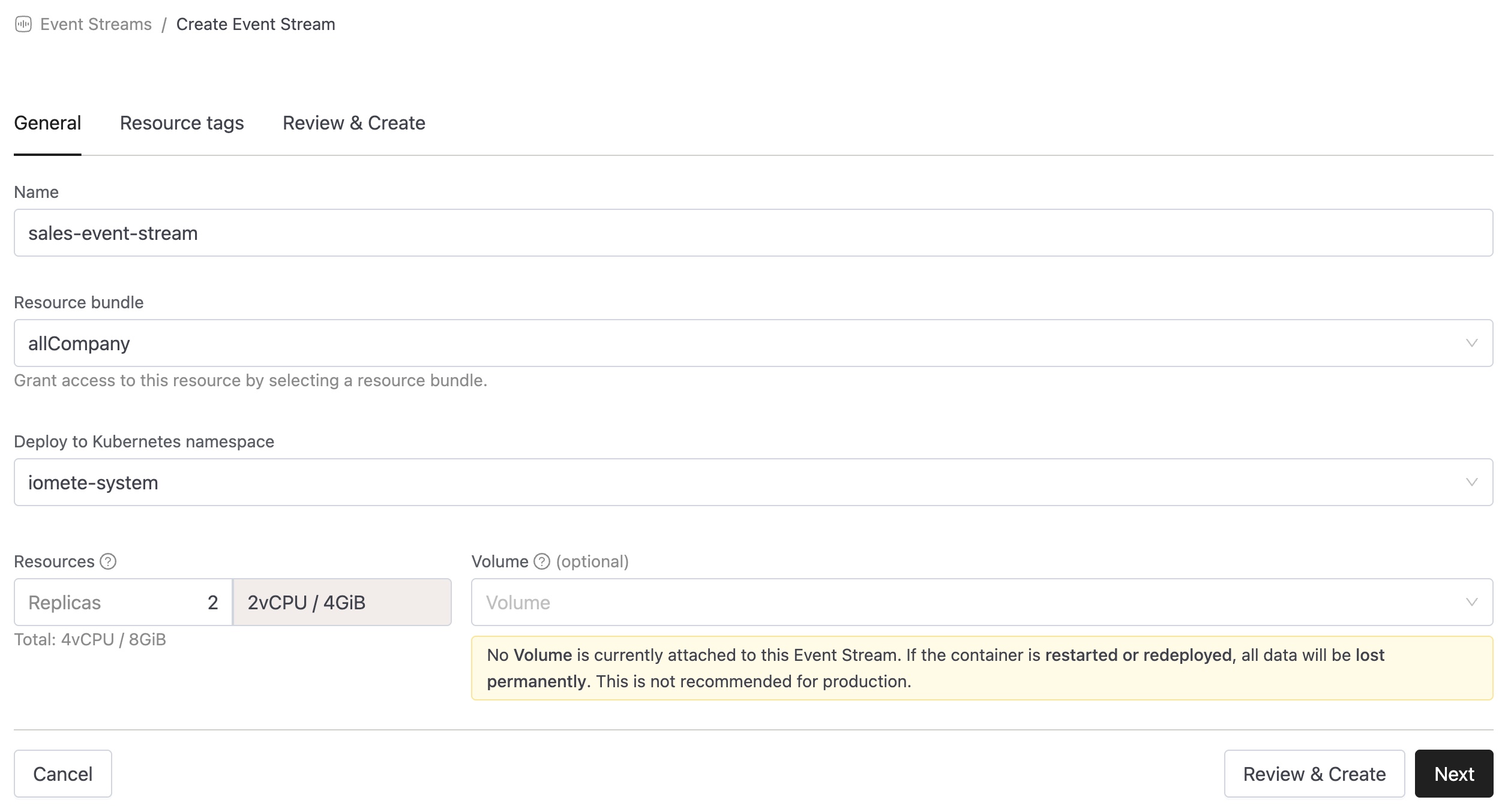 Event Stream without volume warning | IOMETE