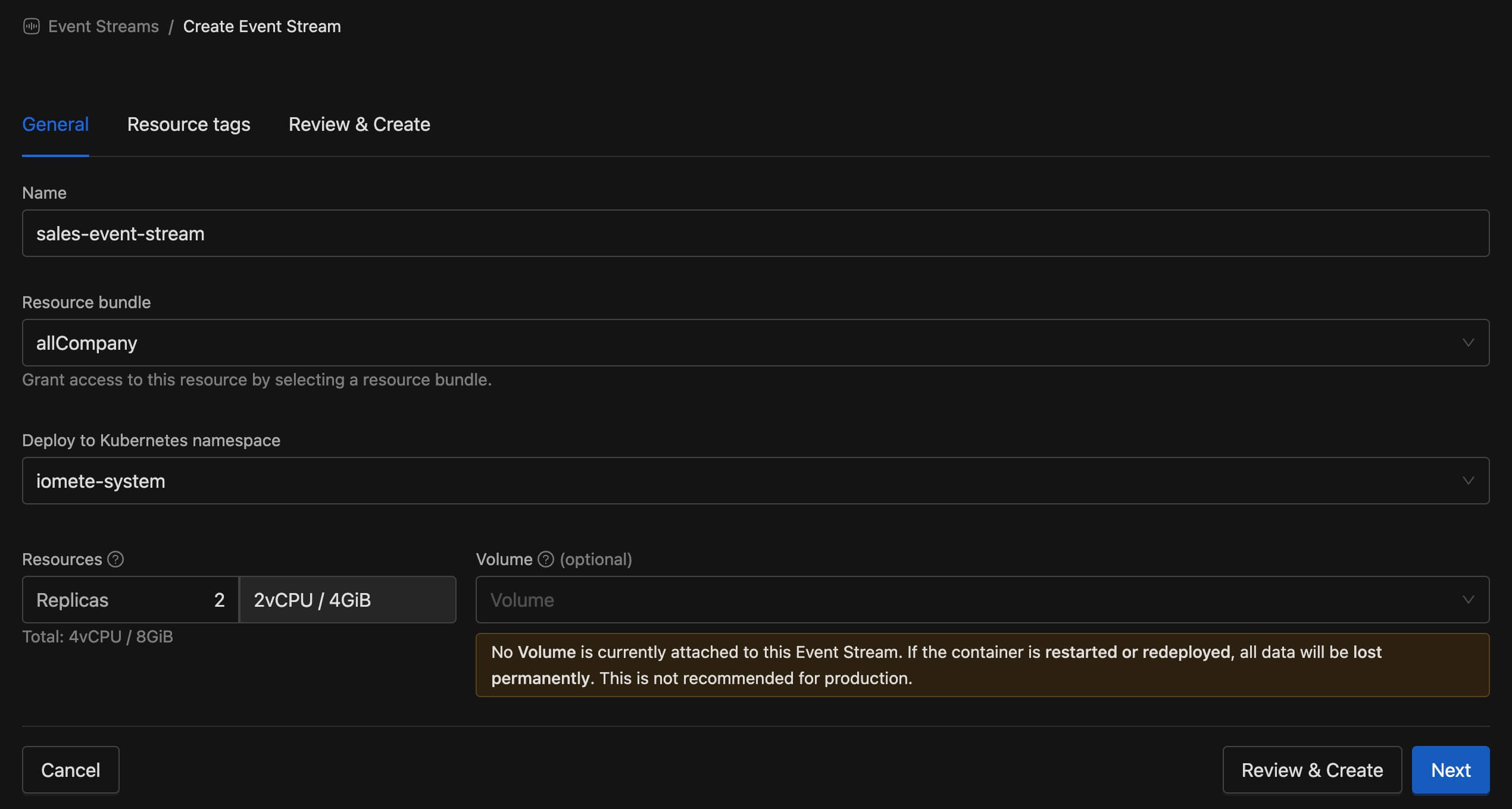 Event Stream without volume warning | IOMETE