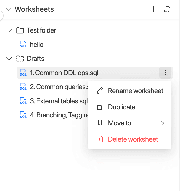 SQL Editor - Worksheet menu | IOMETE