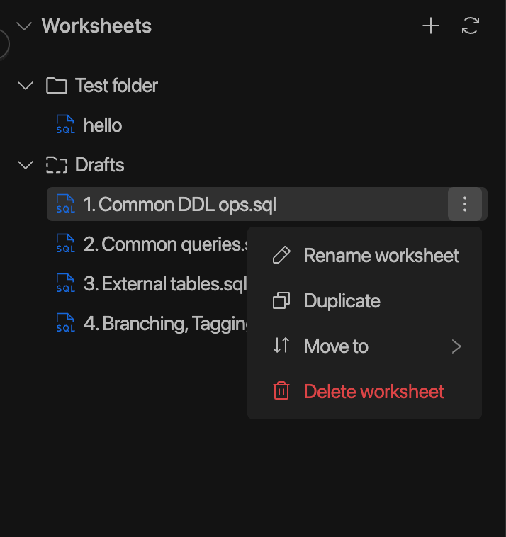 SQL Editor - Worksheet menu | IOMETE
